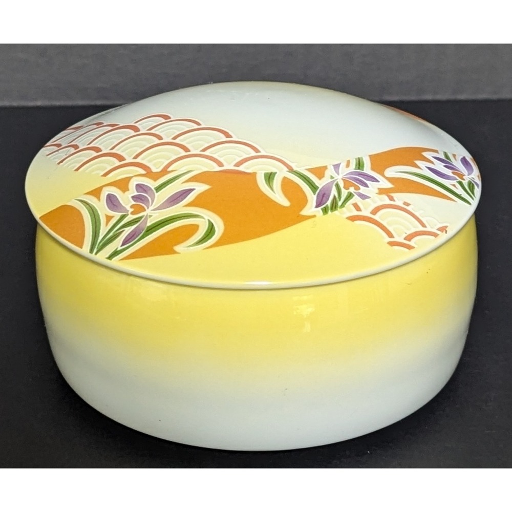 Vintage Japanese Lidded Ceramic Trinket/Jewelry Box Yellow/Orange W/ Purple Iris